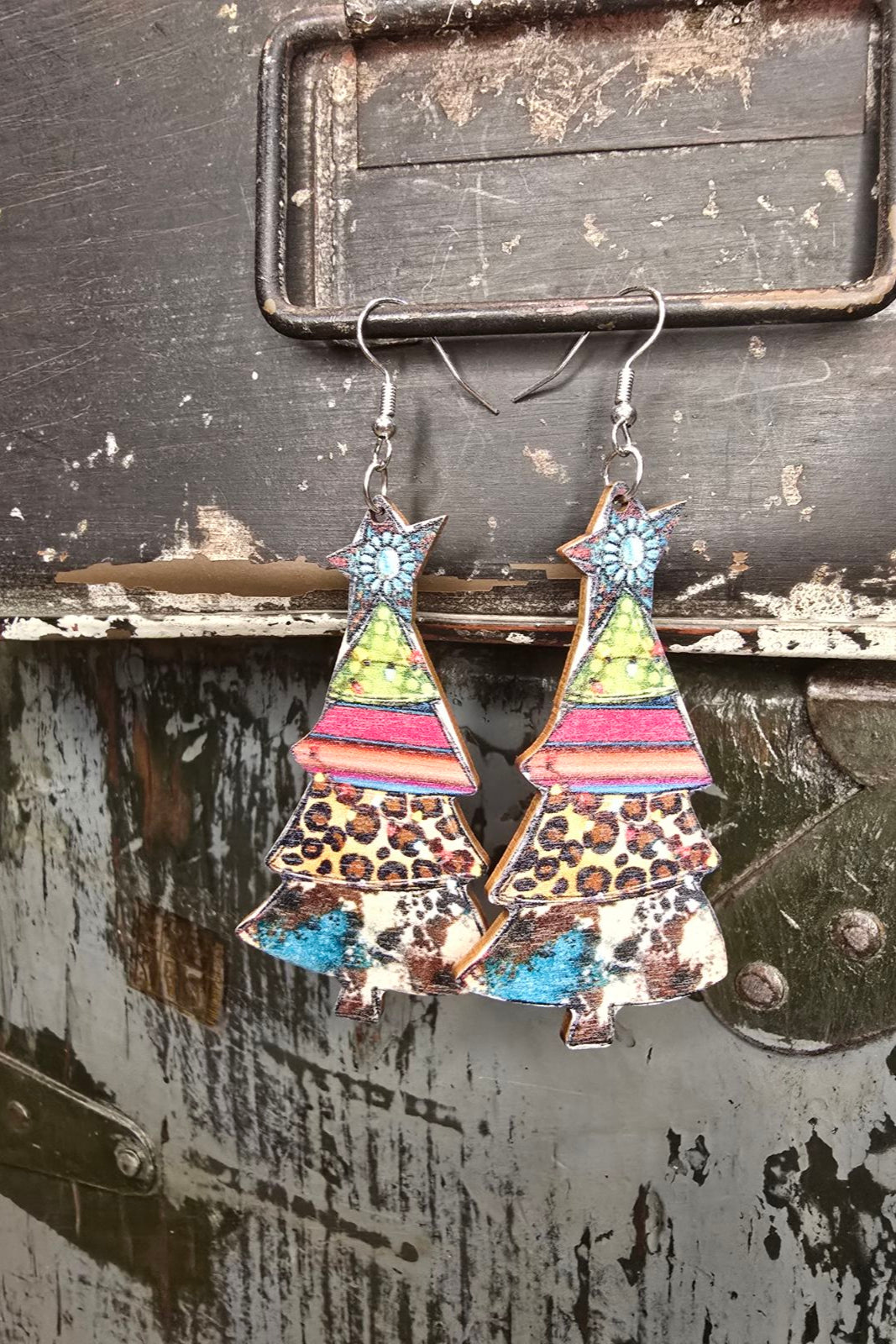 Wooden Multicolored Christmas Tree Earrings