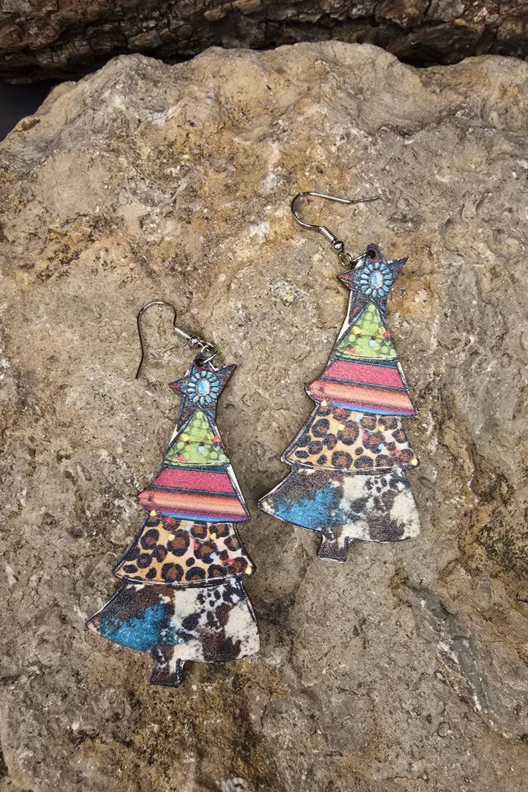 Wooden Multicolored Christmas Tree Earrings