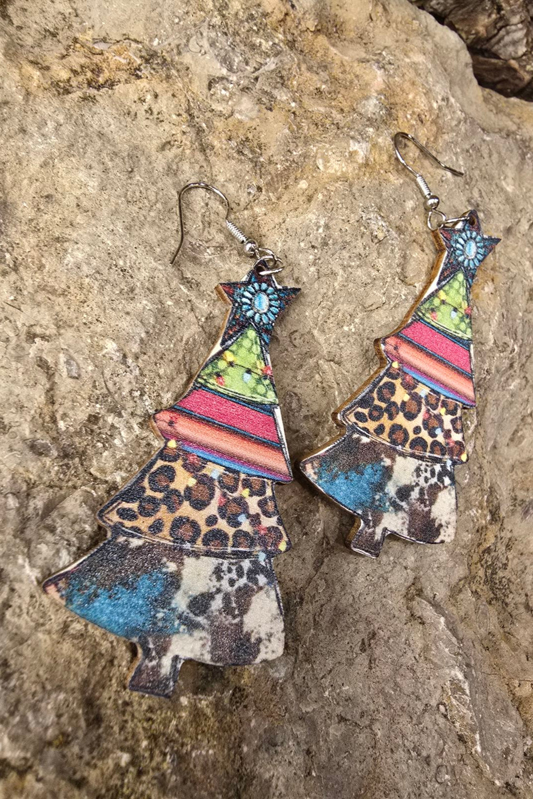 Wooden Multicolored Christmas Tree Earrings
