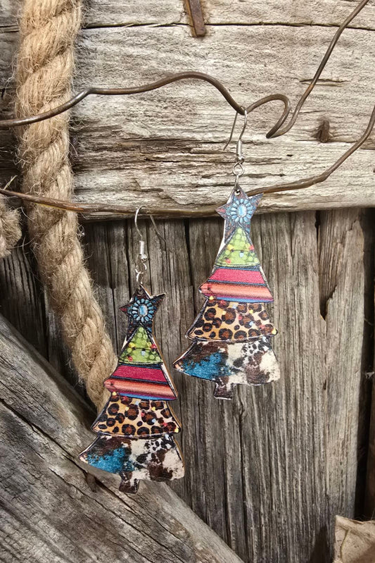 Wooden Multicolored Christmas Tree Earrings