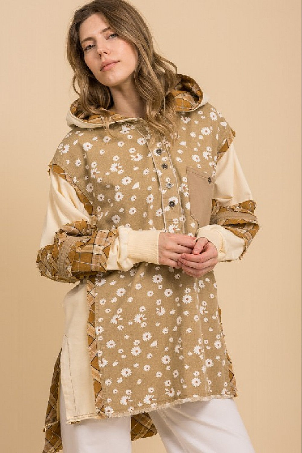 Petals And Plaid Long Hoodie