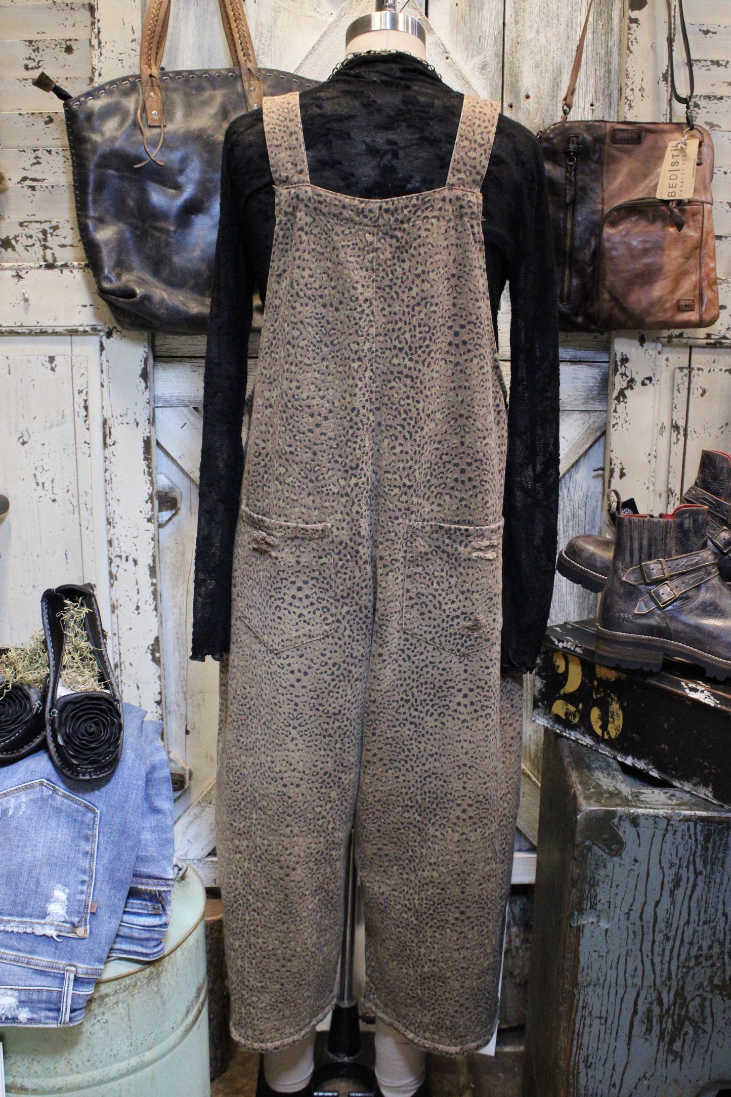 Wild Side Distressed Mocha Overalls