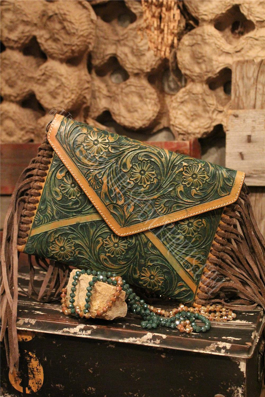 Envelope  Embossed Leather Shoulder Bag  With Fringe, Farm Girls Fancy Frills
