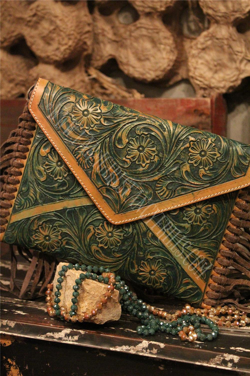 Envelope  Embossed Leather Shoulder Bag  With Fringe, Farm Girls Fancy Frills