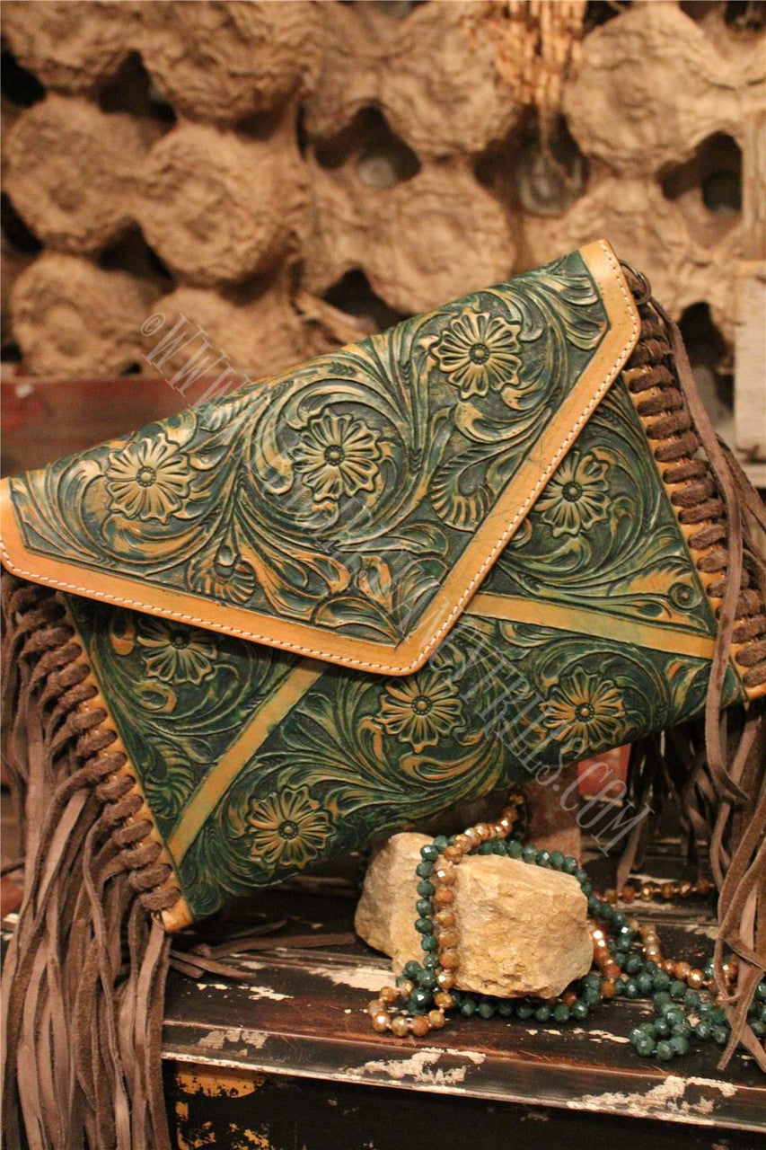 Envelope  Embossed Leather Shoulder Bag  With Fringe, Farm Girls Fancy Frills