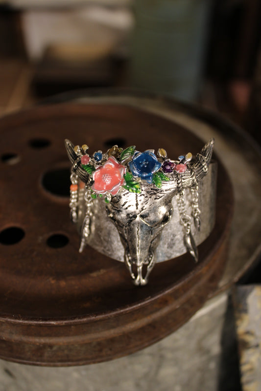 Steer Skull and Blossom Cuff