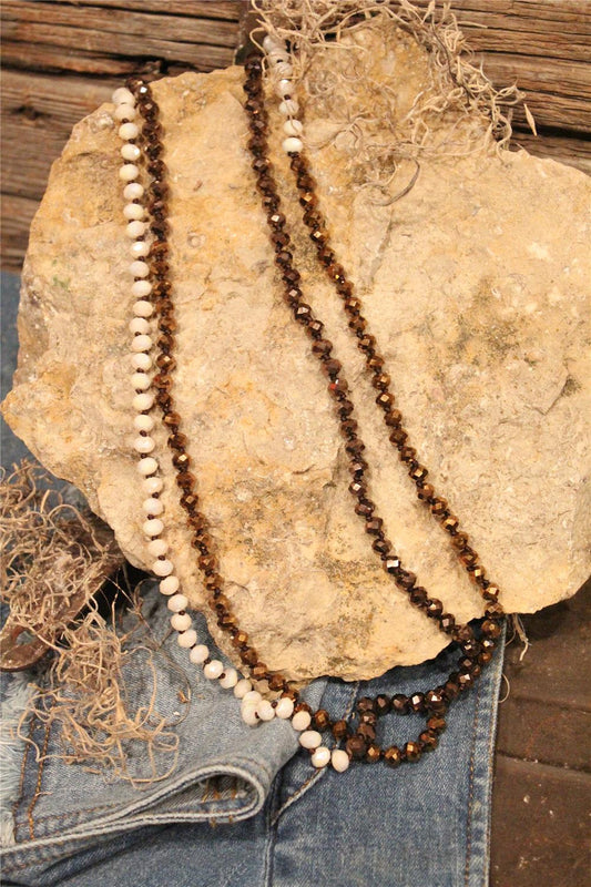 women's long ivory, chocolate, bronze crystal beaded necklace