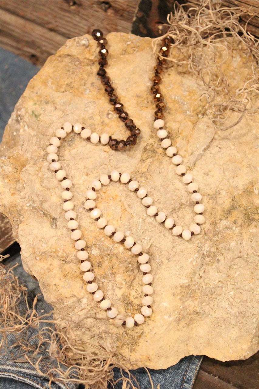 women's long ivory, chocolate, bronze crystal beaded necklace