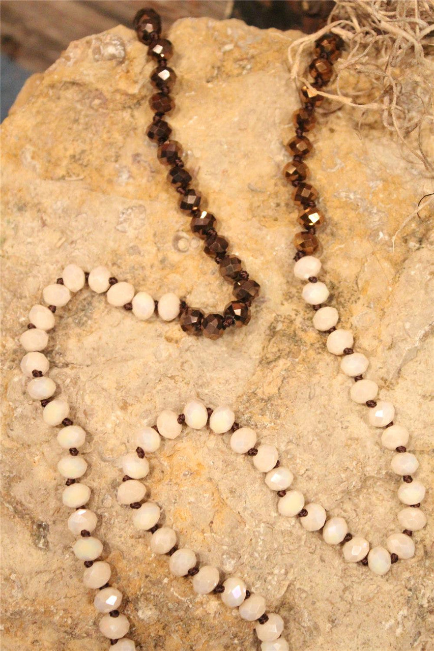 women's long ivory, chocolate, bronze crystal beaded necklace