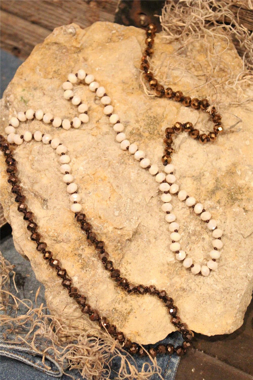 women's long ivory, chocolate, bronze crystal beaded necklace