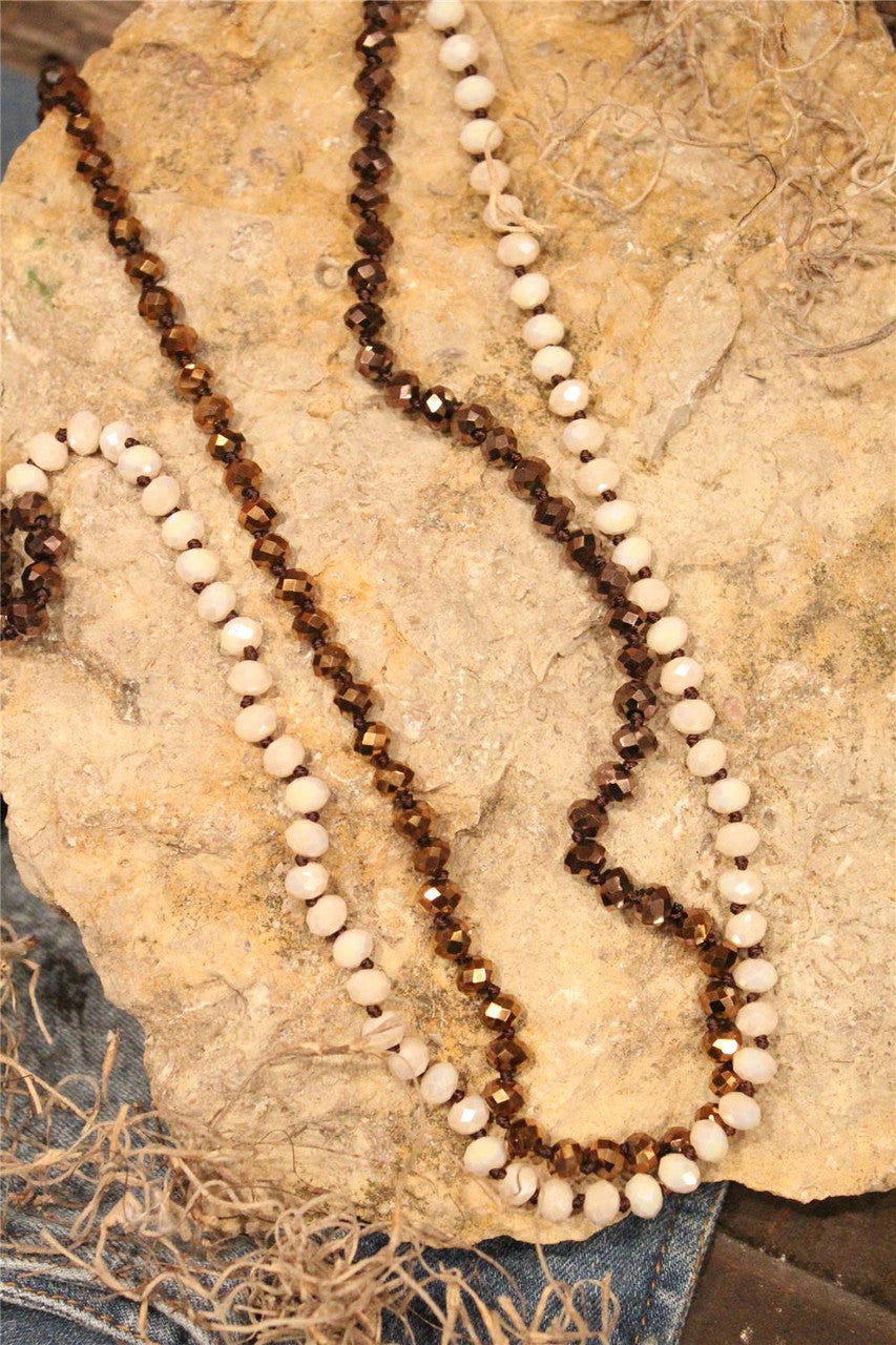 women's long ivory, chocolate, bronze crystal beaded necklace