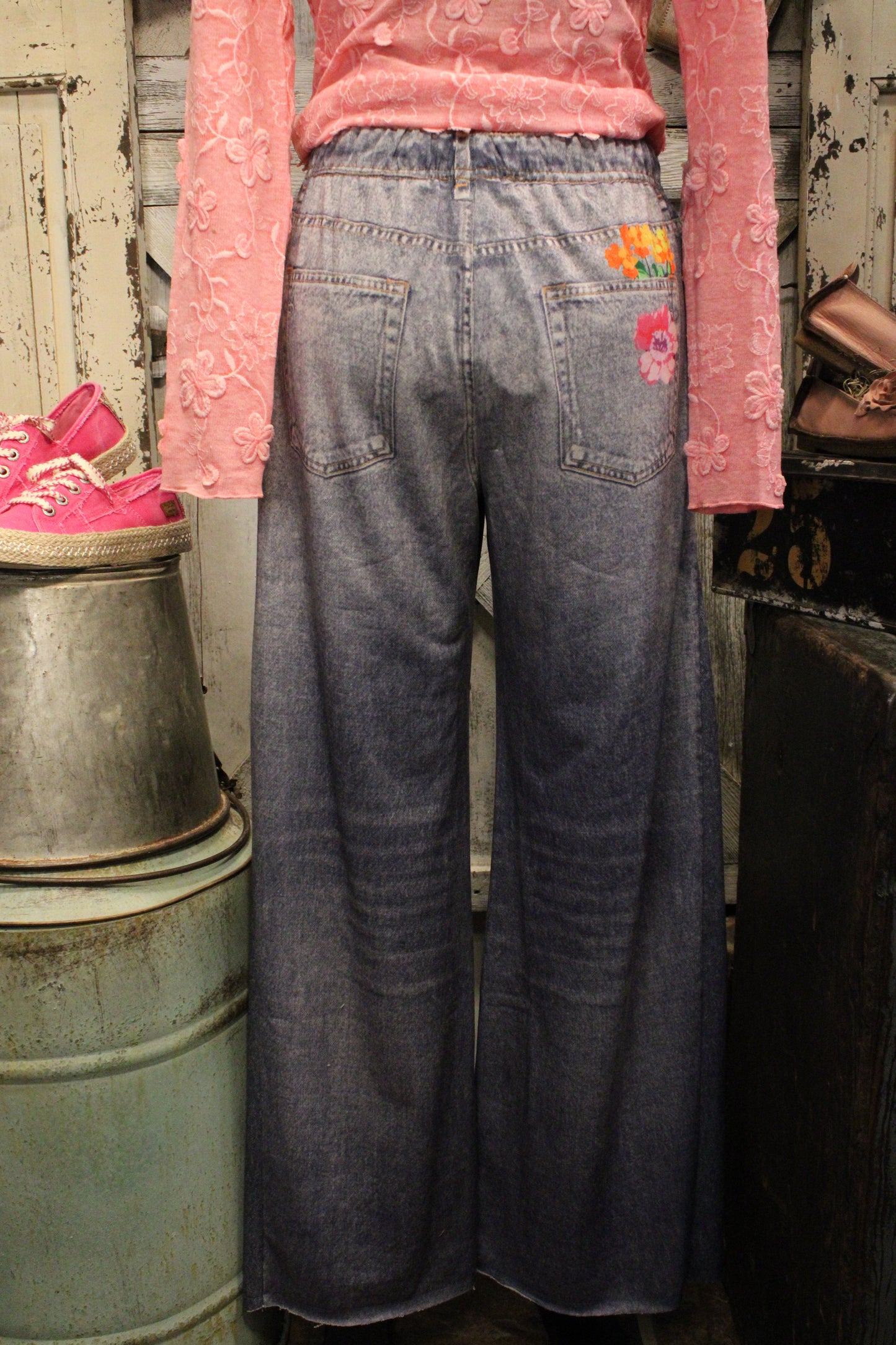 Floral Fantasy Wide Leg Faux Denim Pants