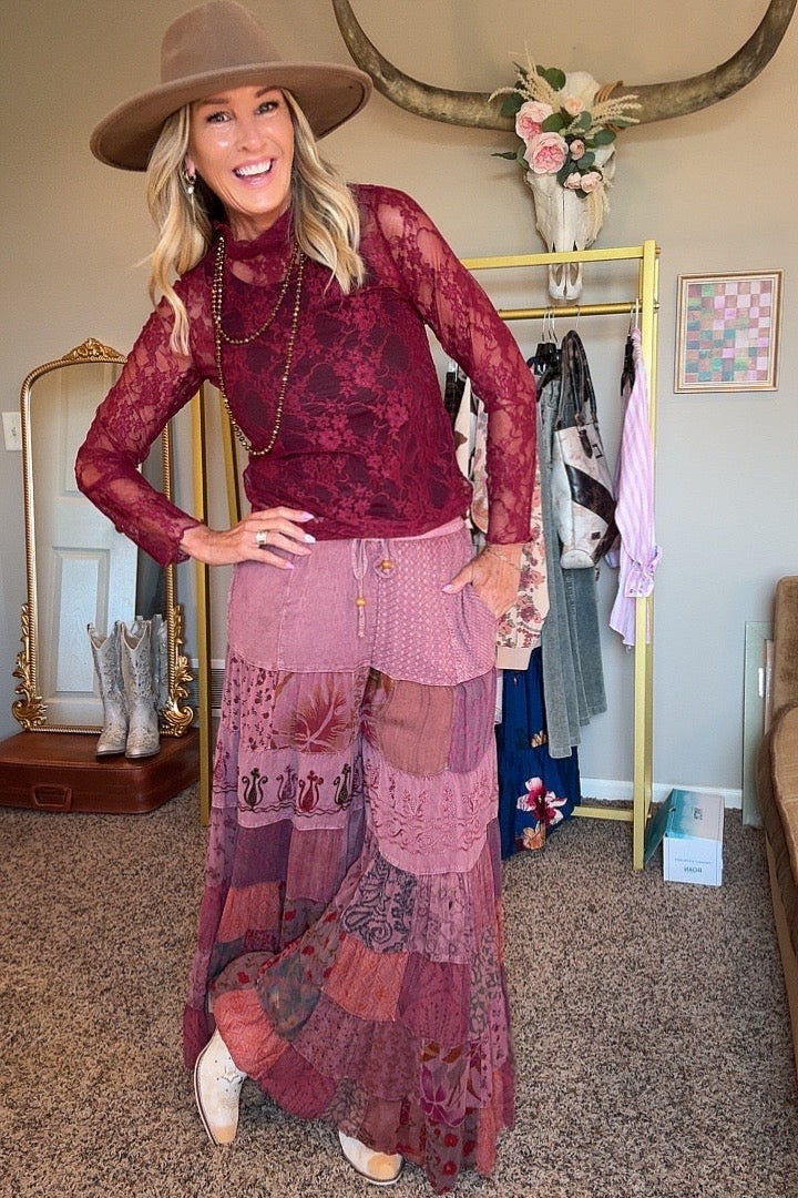 Crimson Bloom Mesh Blouse