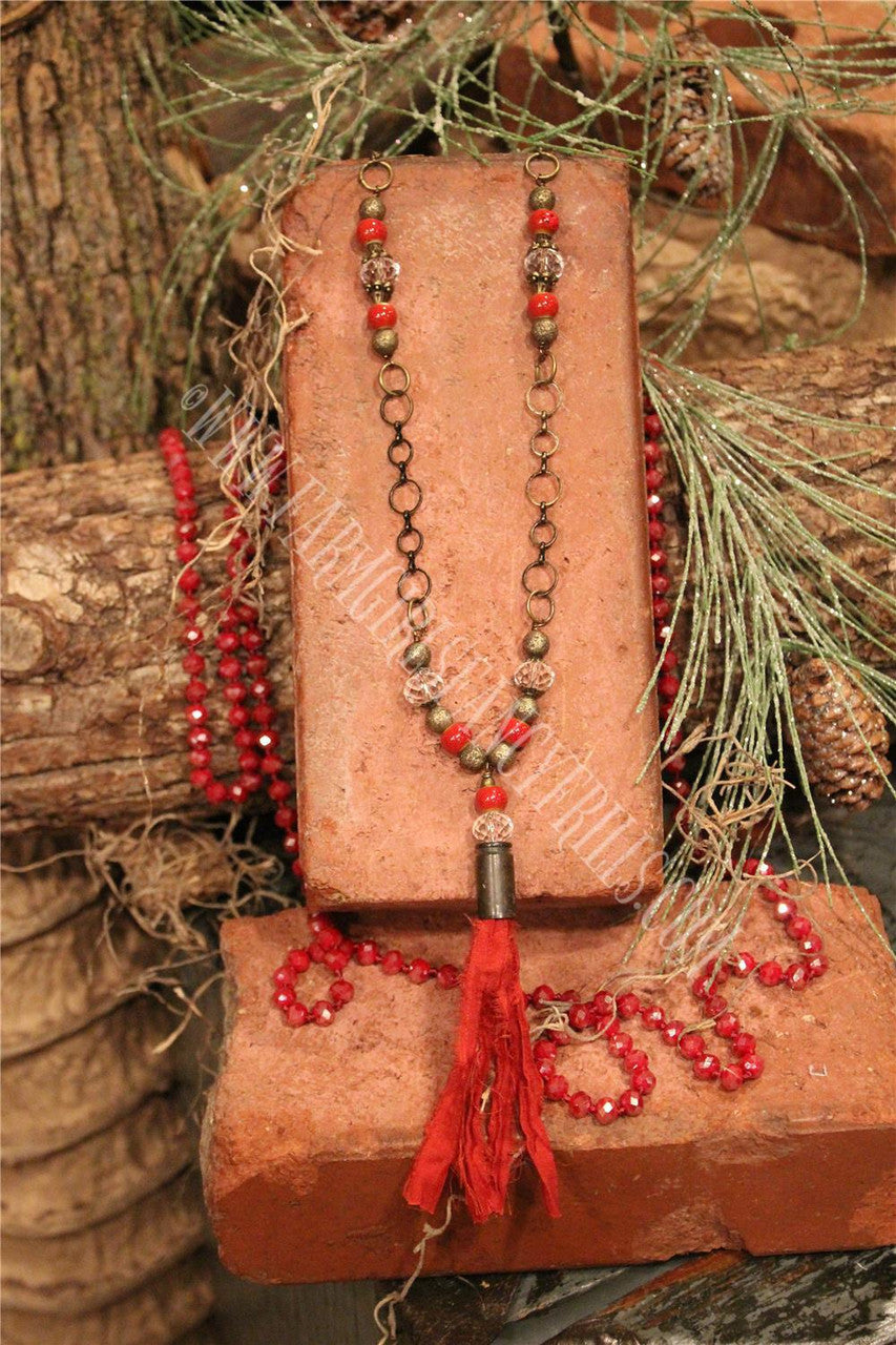 Women's Red Beaded Necklace With Fabric Accents