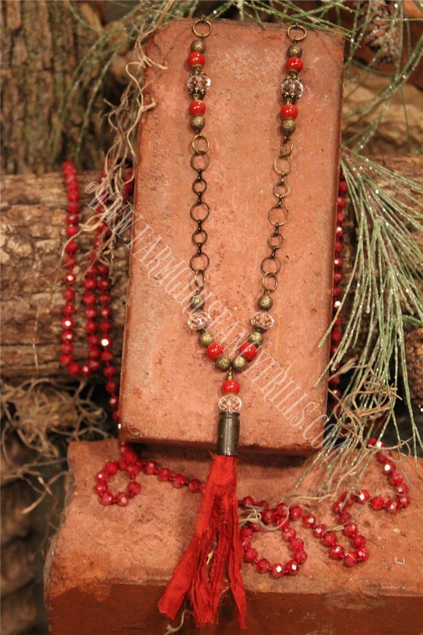 Women's Red Beaded Necklace With Fabric Accents