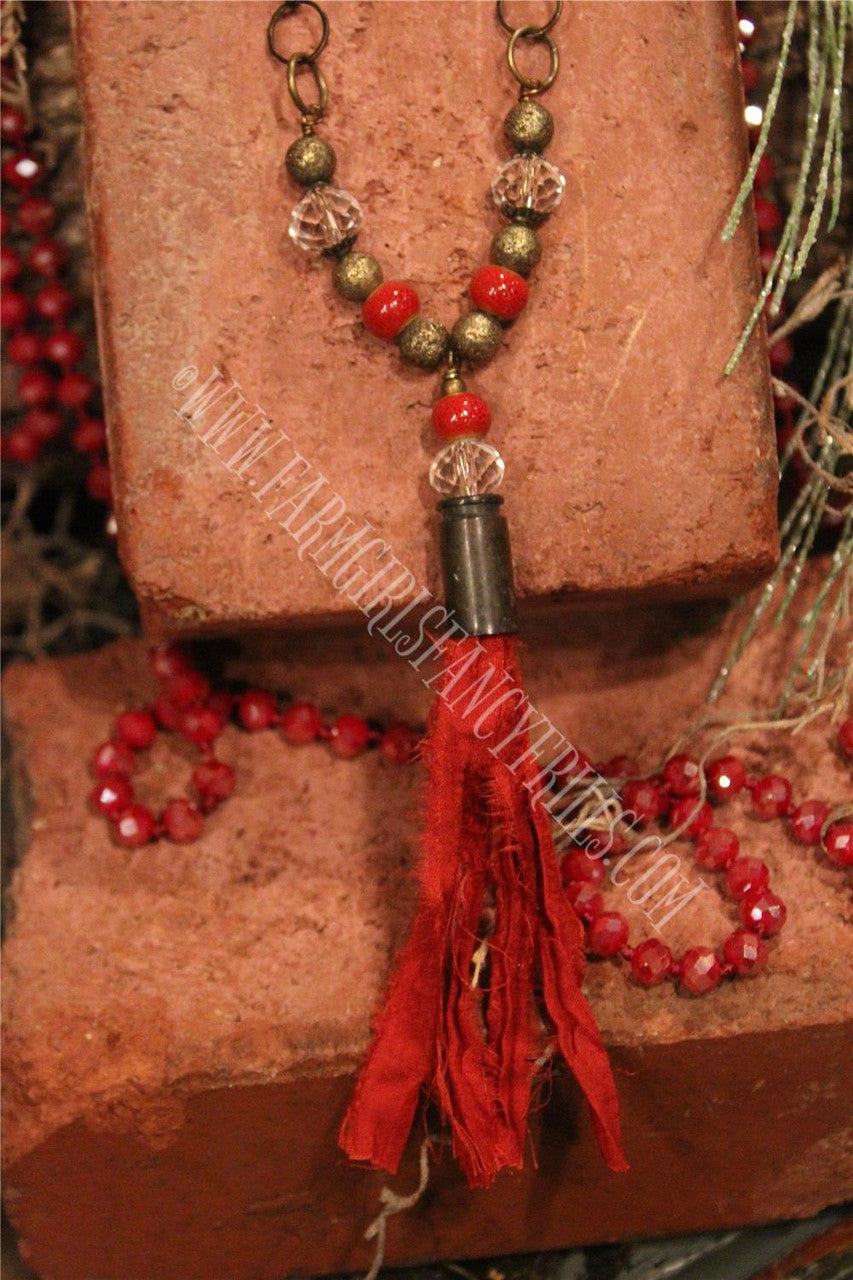 Women's Red Beaded Necklace With Fabric Accents