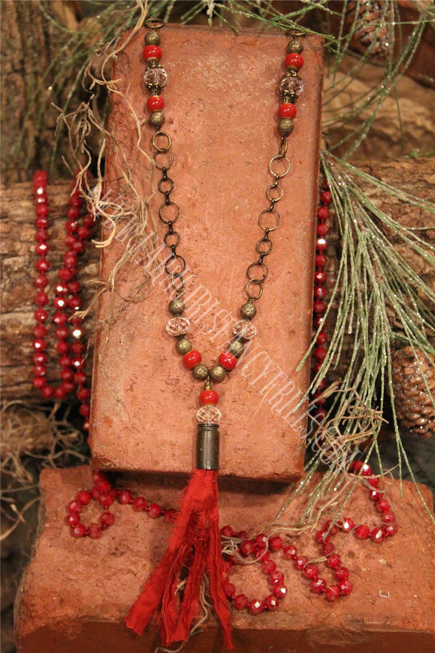 Women's Red Beaded Necklace With Fabric Accents