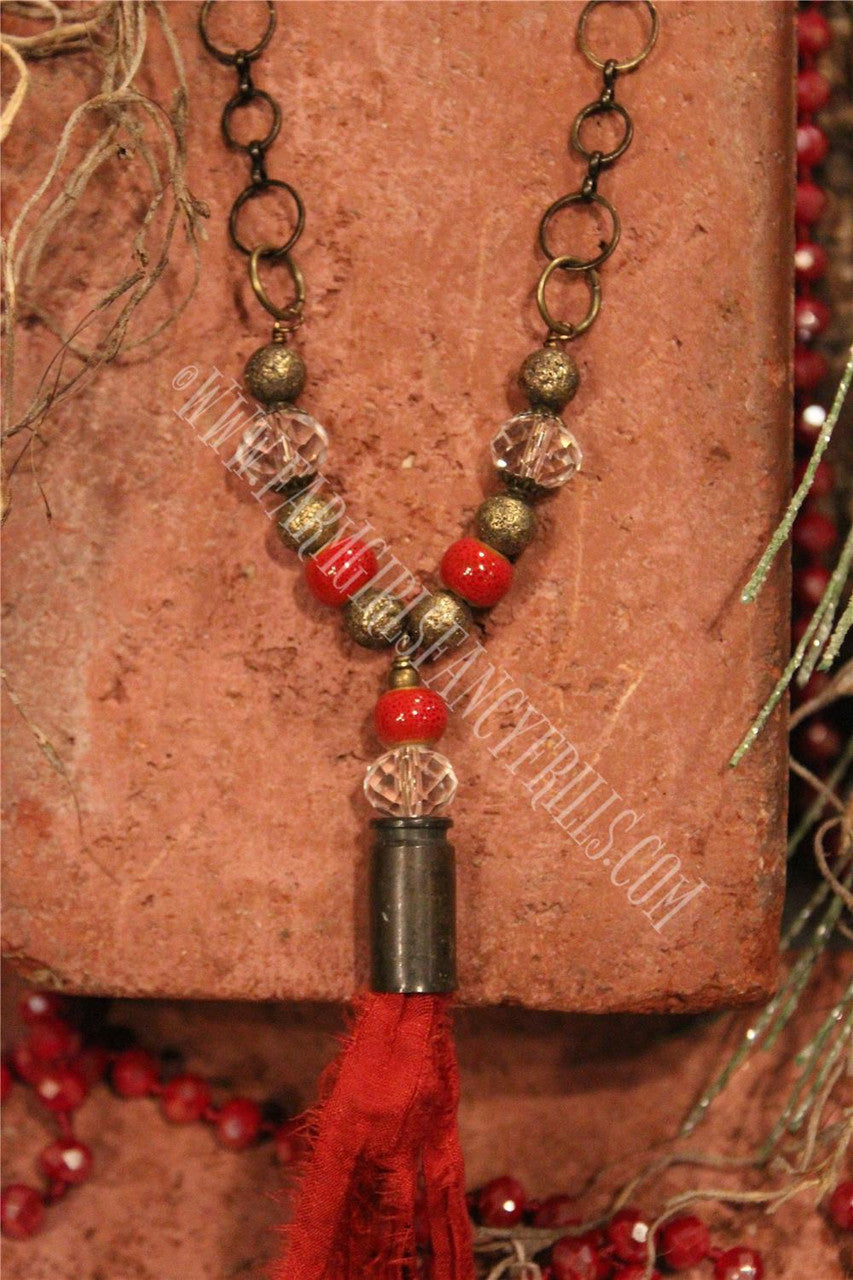 Women's Red Beaded Necklace With Fabric Accents