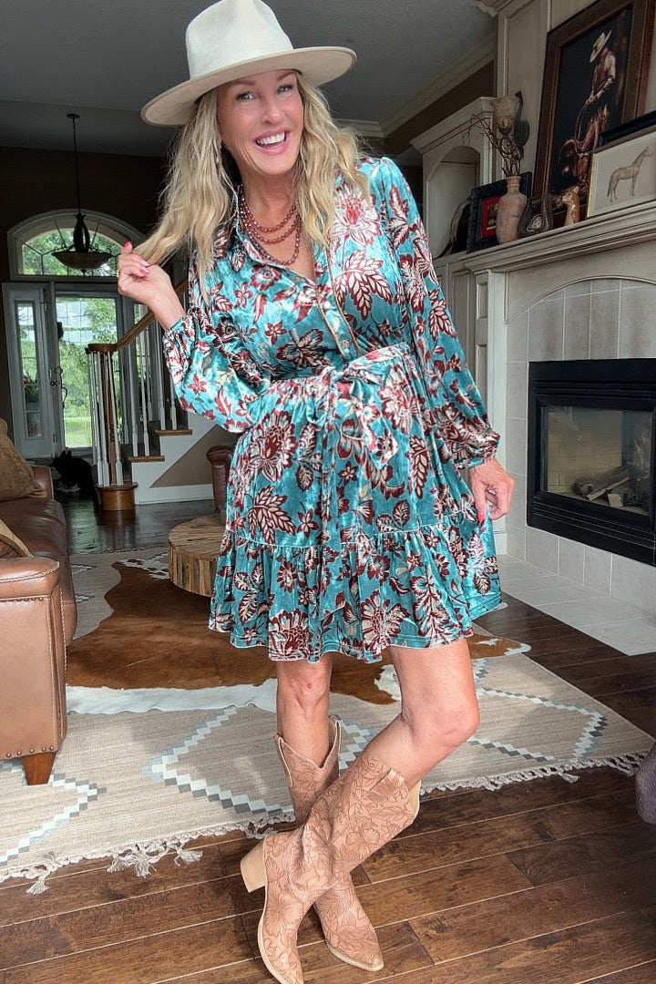 Dusty Teal Blossom Velvet Dress