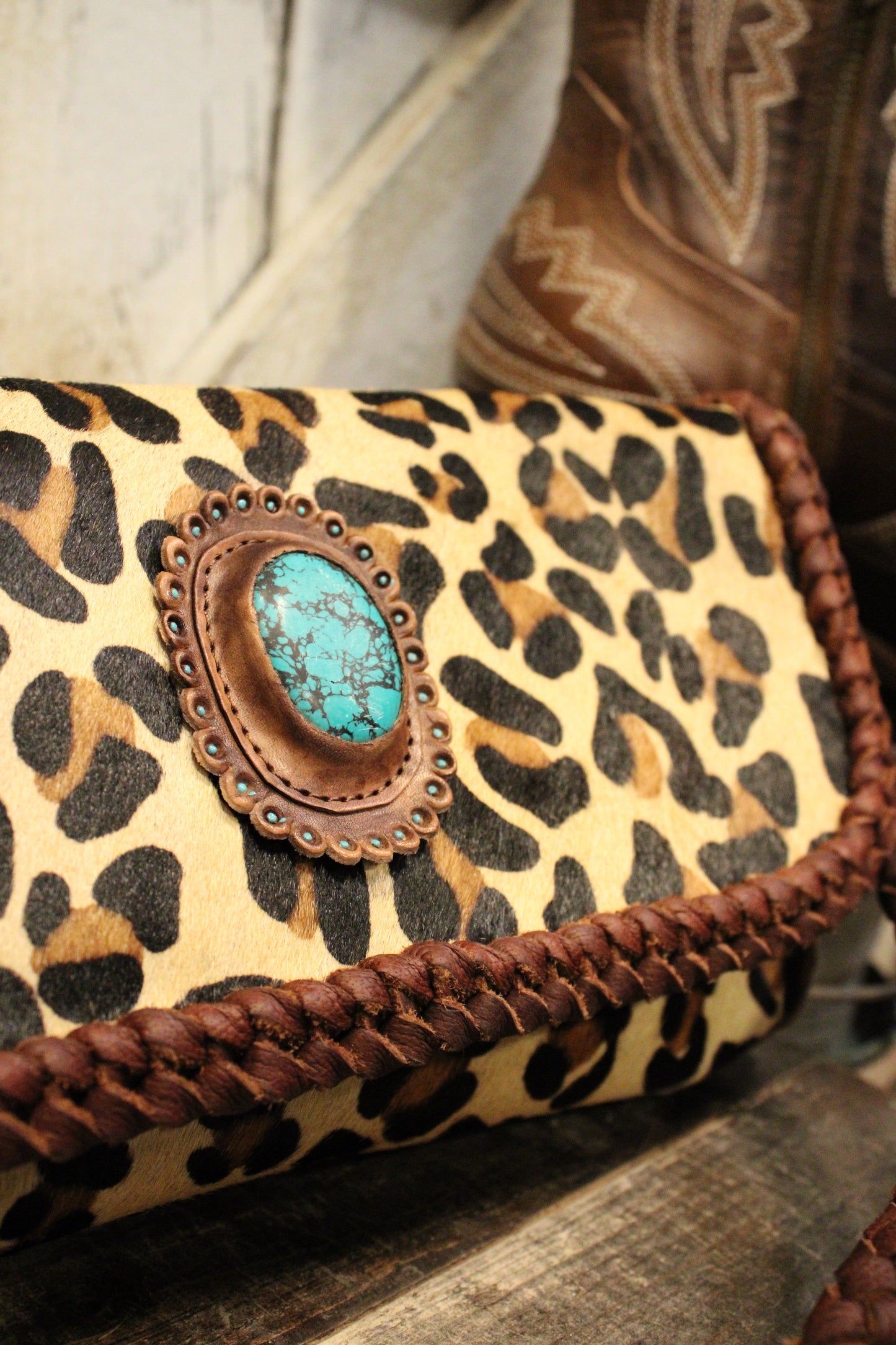 Fierce Braided Leather Leopard Print Mini Wallet