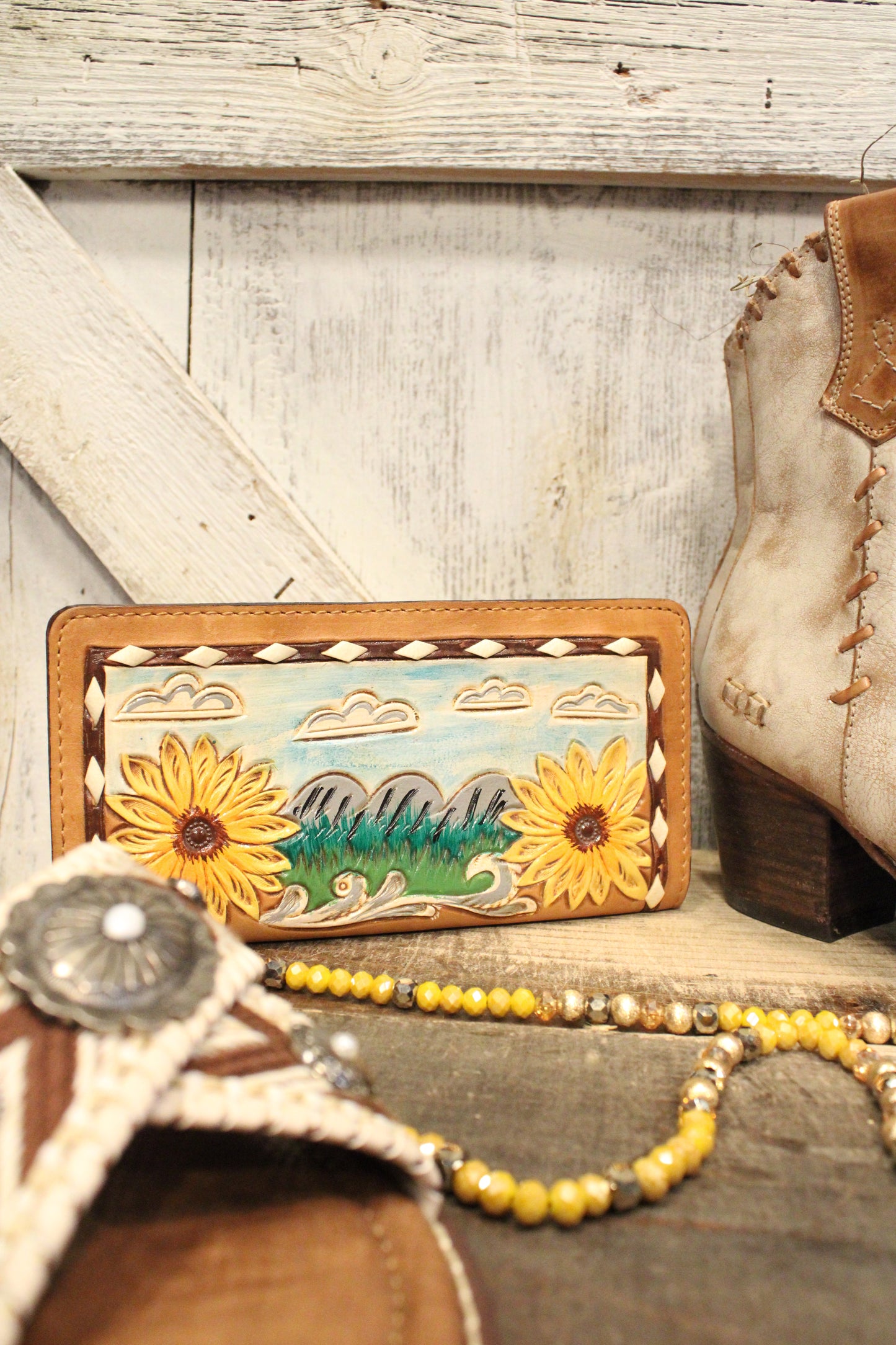 Sunflowers and Landscape Leather Wallet