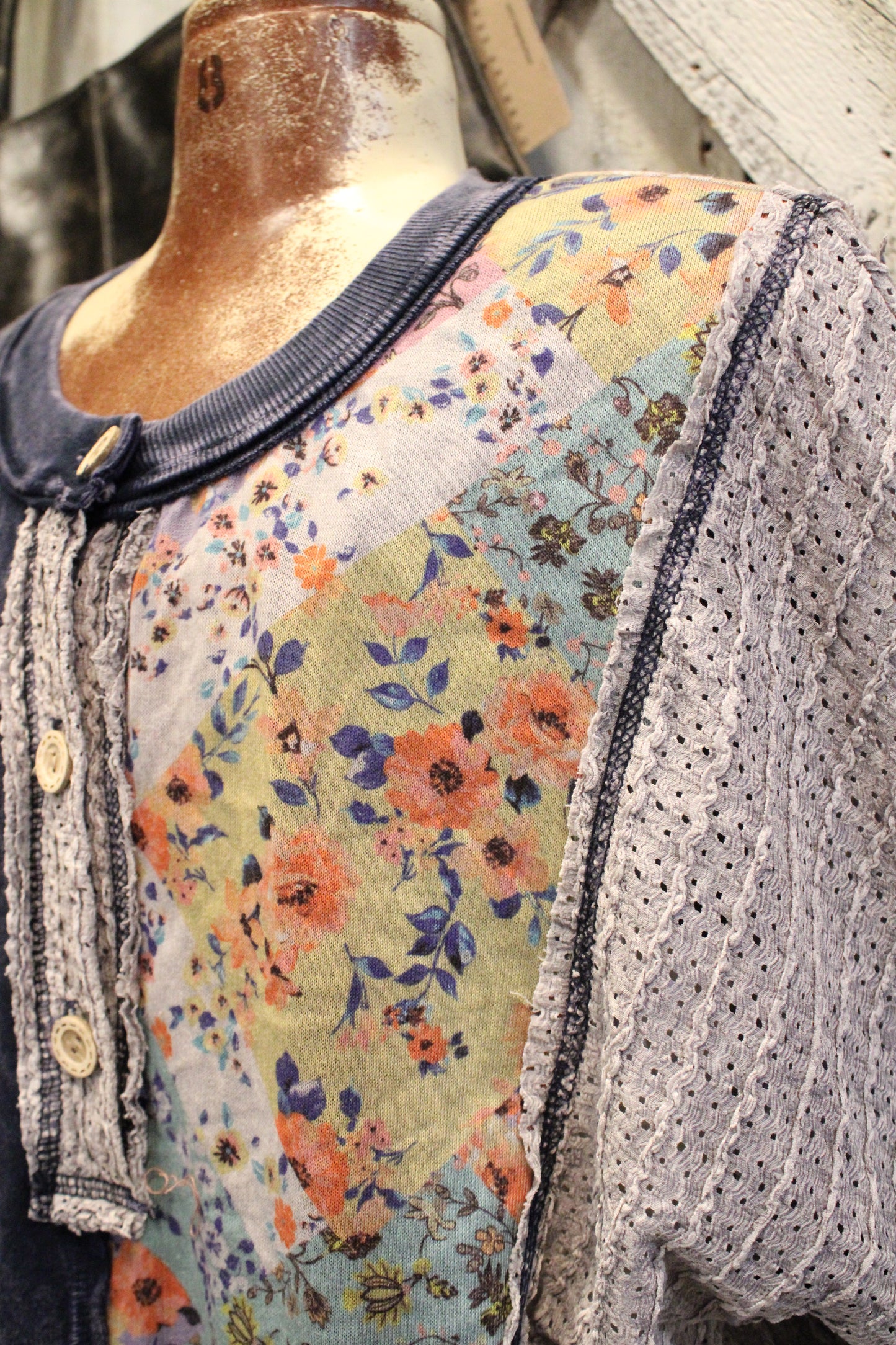 Navy Floral and Eyelet Longsleeve Top