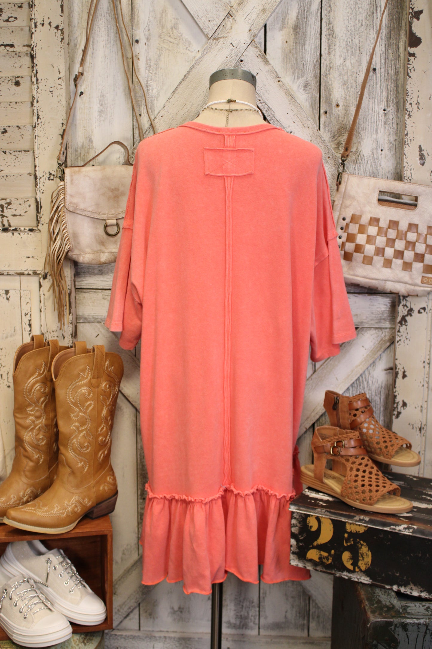 Crochet Charm Coral Ruffle Dress