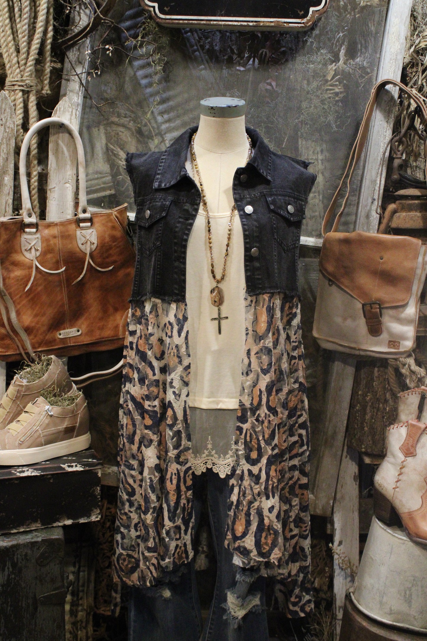Flirting Denim Black Leopard Vest