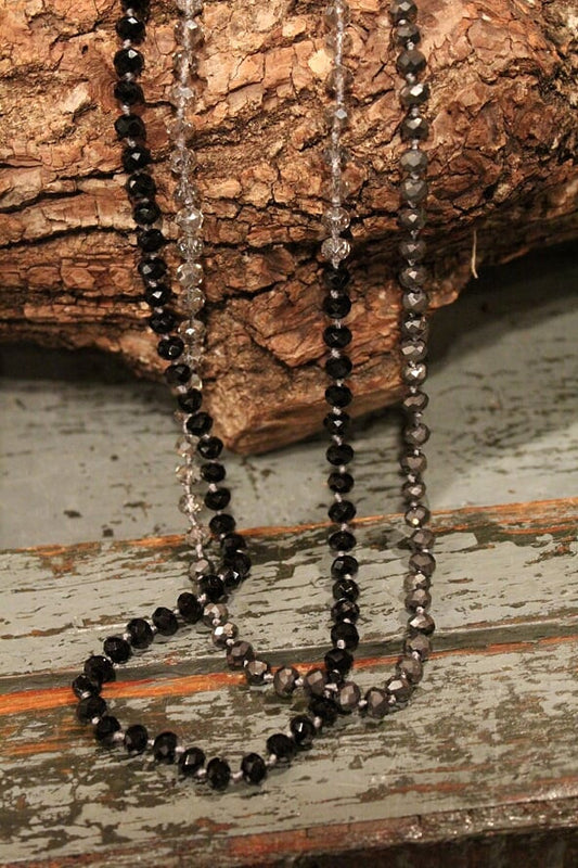 women's long jet black, transparent gray, graphite crystal beaded necklace