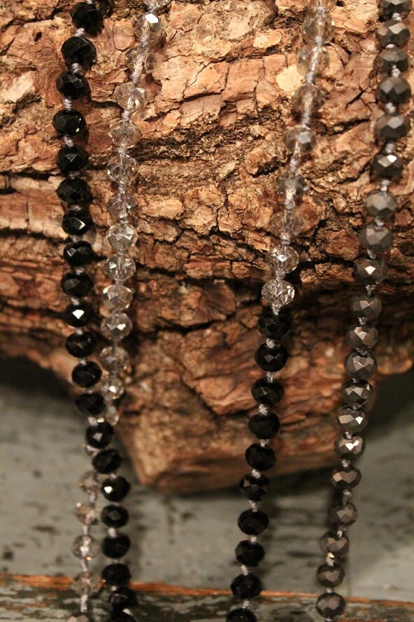 women's long jet black, transparent gray, graphite crystal beaded necklace