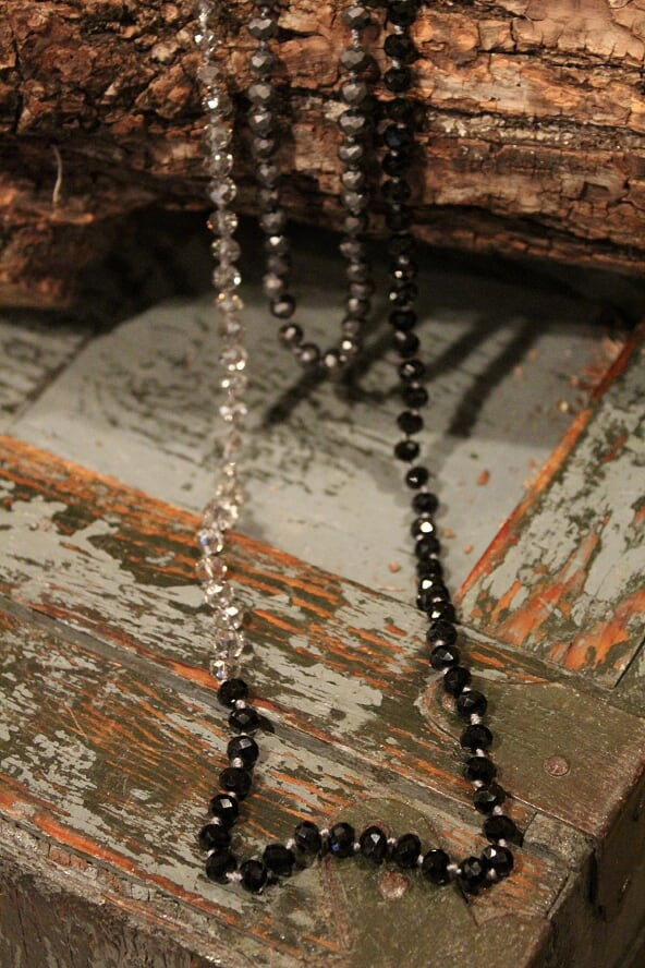 women's long jet black, transparent gray, graphite crystal beaded necklace