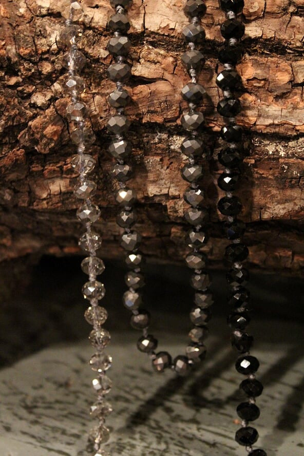 women's long jet black, transparent gray, graphite crystal beaded necklace