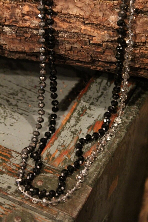 women's long jet black, transparent gray, graphite crystal beaded necklace