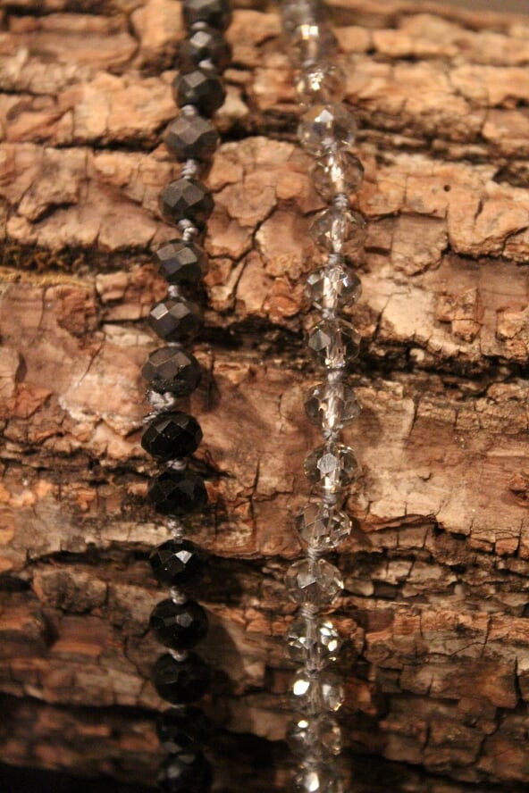 women's long jet black, transparent gray, graphite crystal beaded necklace