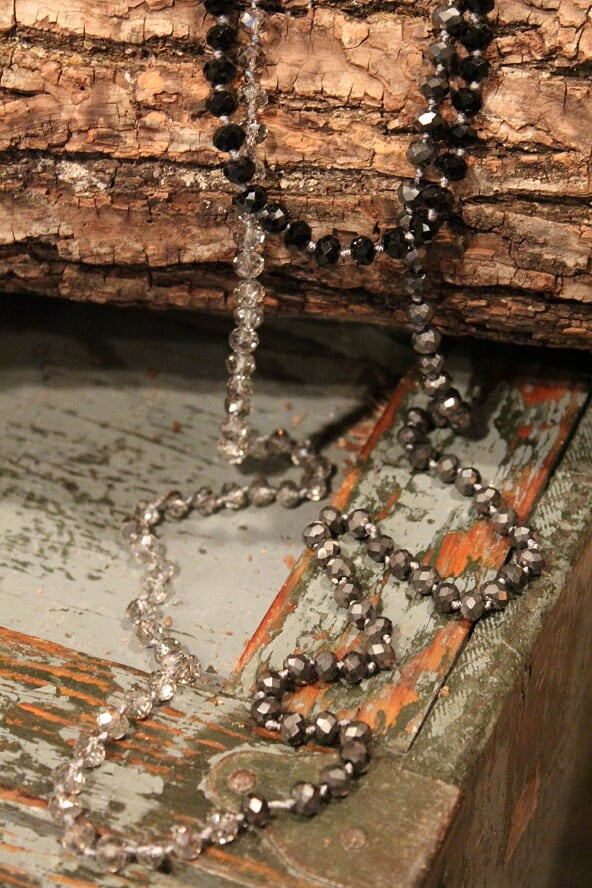 women's long jet black, transparent gray, graphite crystal beaded necklace
