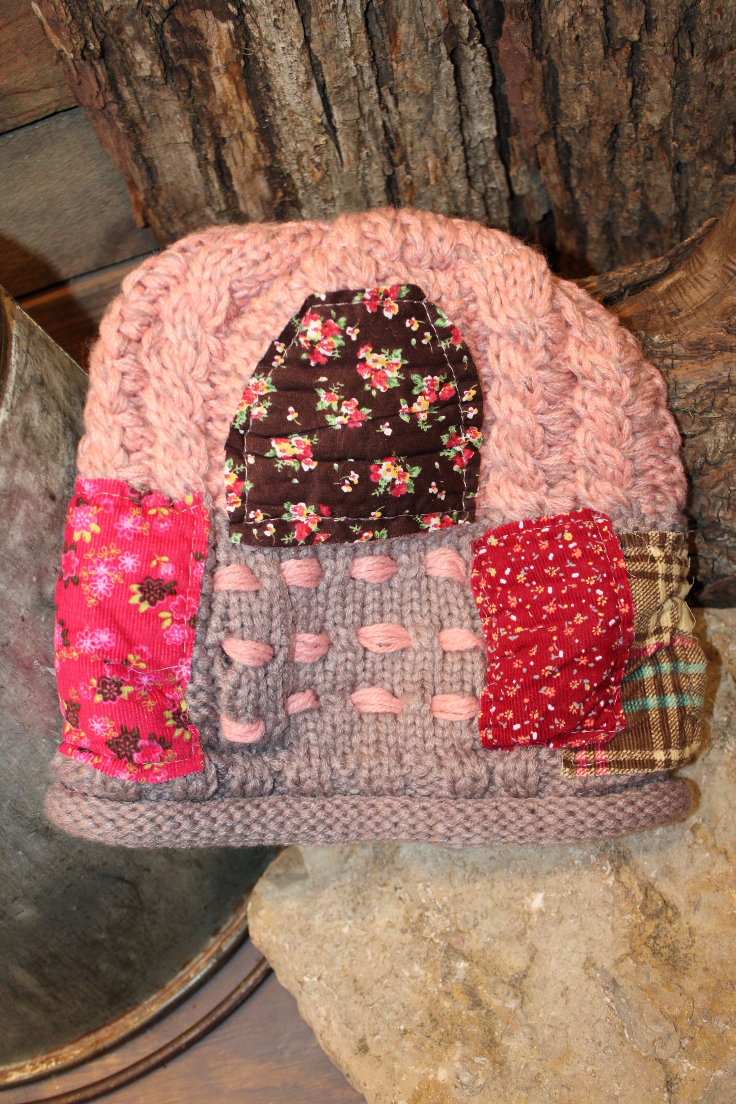 Patchwork Pink Hand-Knit Beanie
