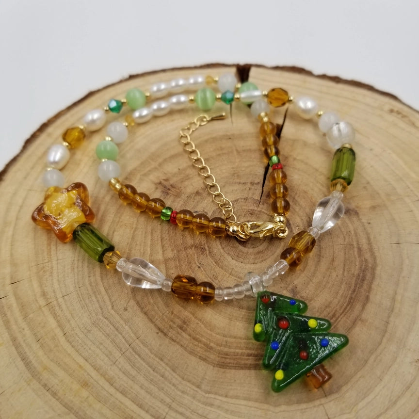 Crystal & Pearls Christmas Tree Necklace