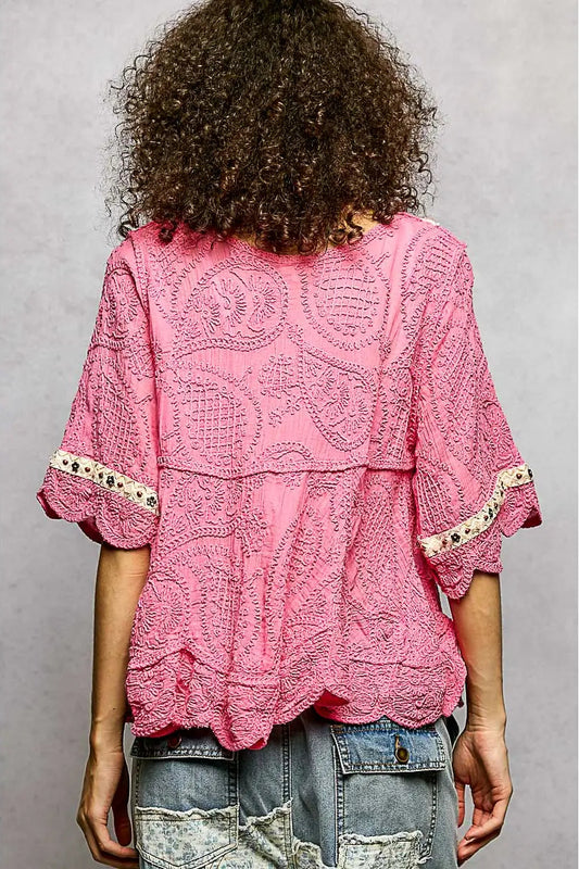 Bubblegum Scallop Trim Top