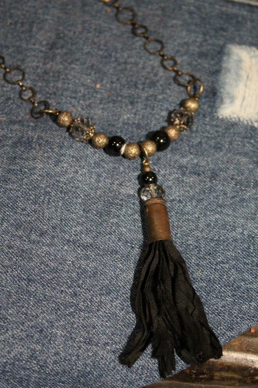 Black Fabric Tassel, Shell, Crystal, Black Bead Dangle On A Black Bead, Antique Gold Bead, Crystal Bead, Antique Gold Chain Necklace