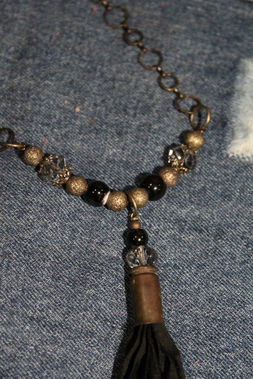 Black Fabric Tassel, Shell, Crystal, Black Bead Dangle On A Black Bead, Antique Gold Bead, Crystal Bead, Antique Gold Chain Necklace
