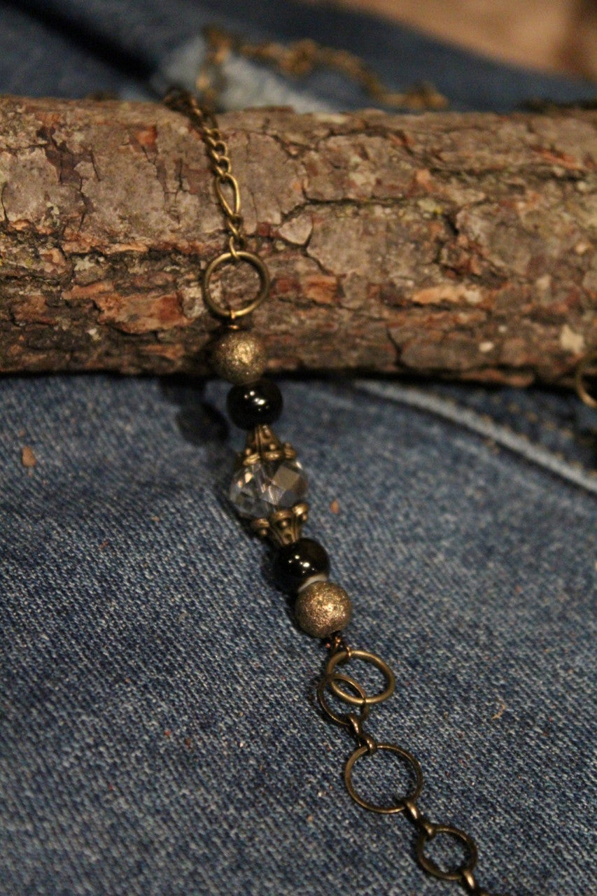 Black Fabric Tassel, Shell, Crystal, Black Bead Dangle On A Black Bead, Antique Gold Bead, Crystal Bead, Antique Gold Chain Necklace