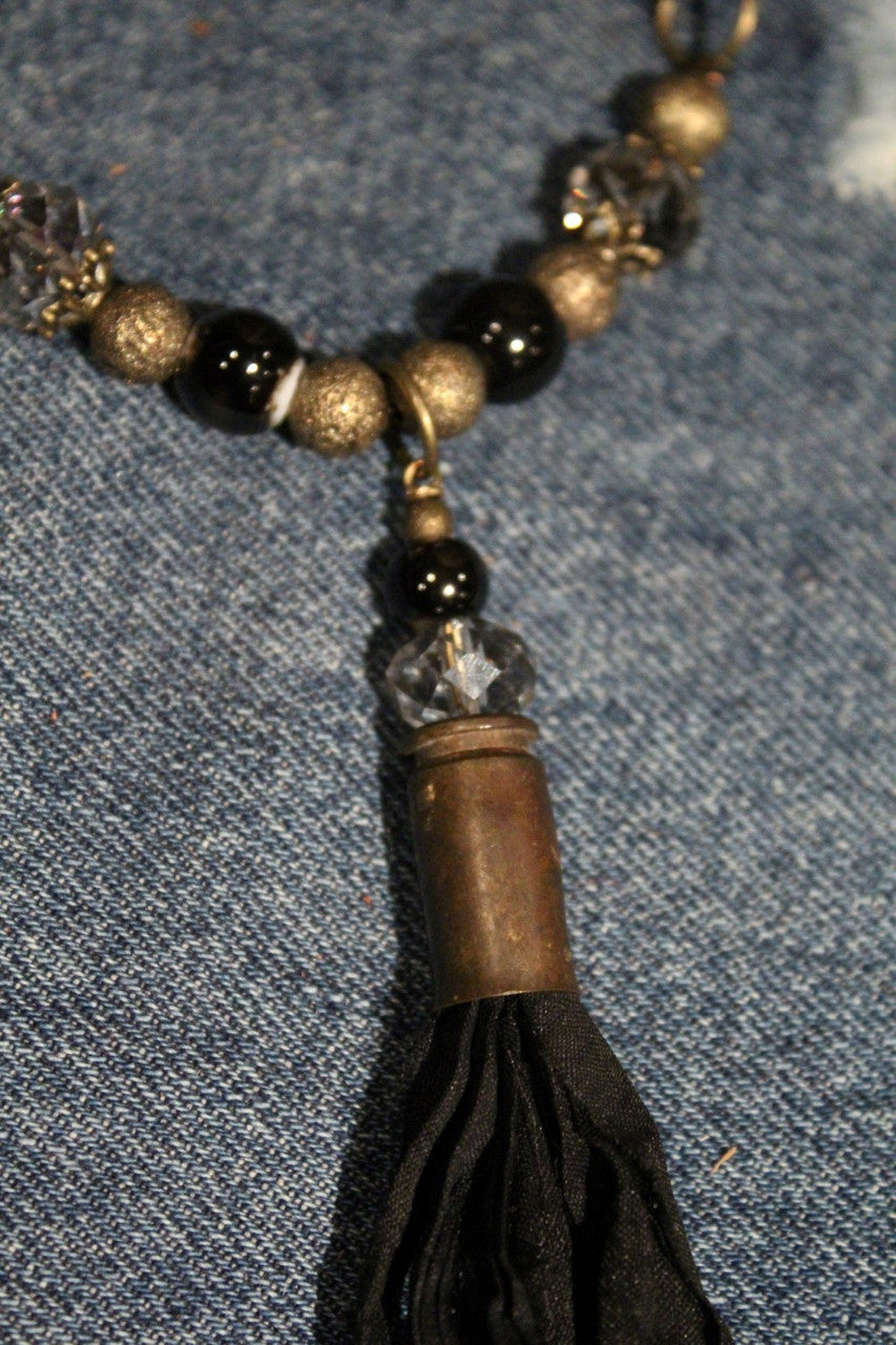 Black Fabric Tassel, Shell, Crystal, Black Bead Dangle On A Black Bead, Antique Gold Bead, Crystal Bead, Antique Gold Chain Necklace