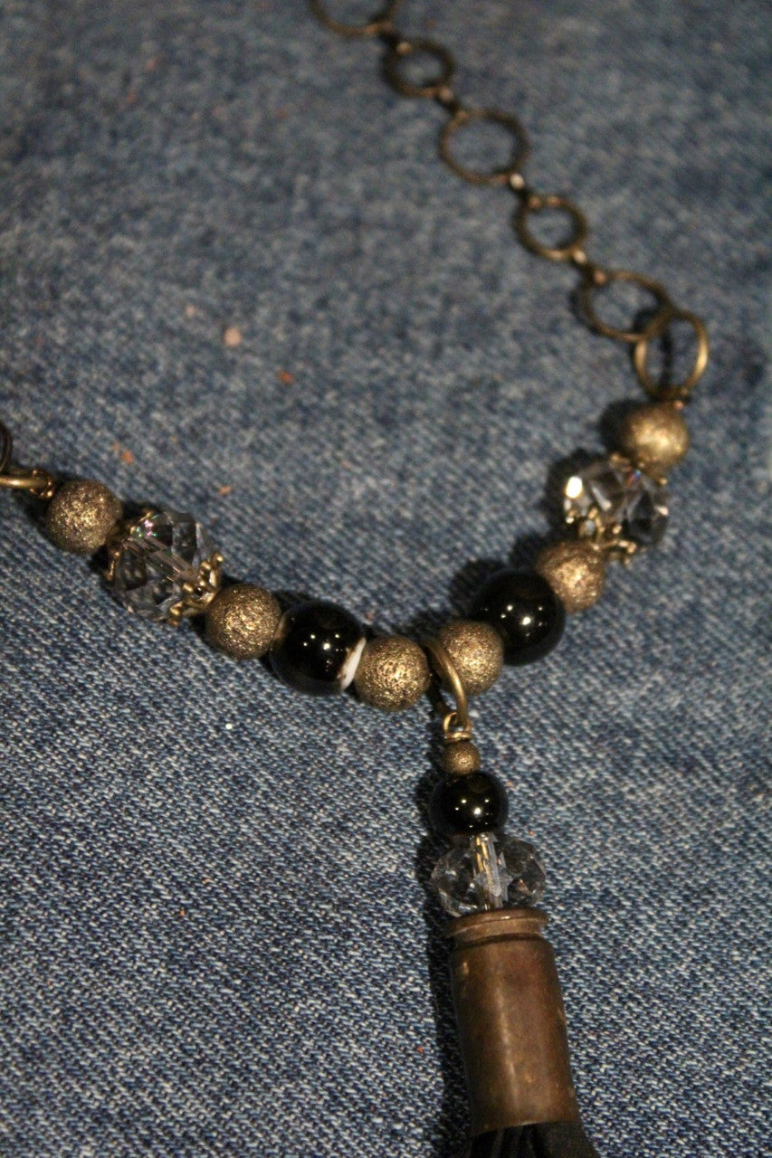 Black Fabric Tassel, Shell, Crystal, Black Bead Dangle On A Black Bead, Antique Gold Bead, Crystal Bead, Antique Gold Chain Necklace
