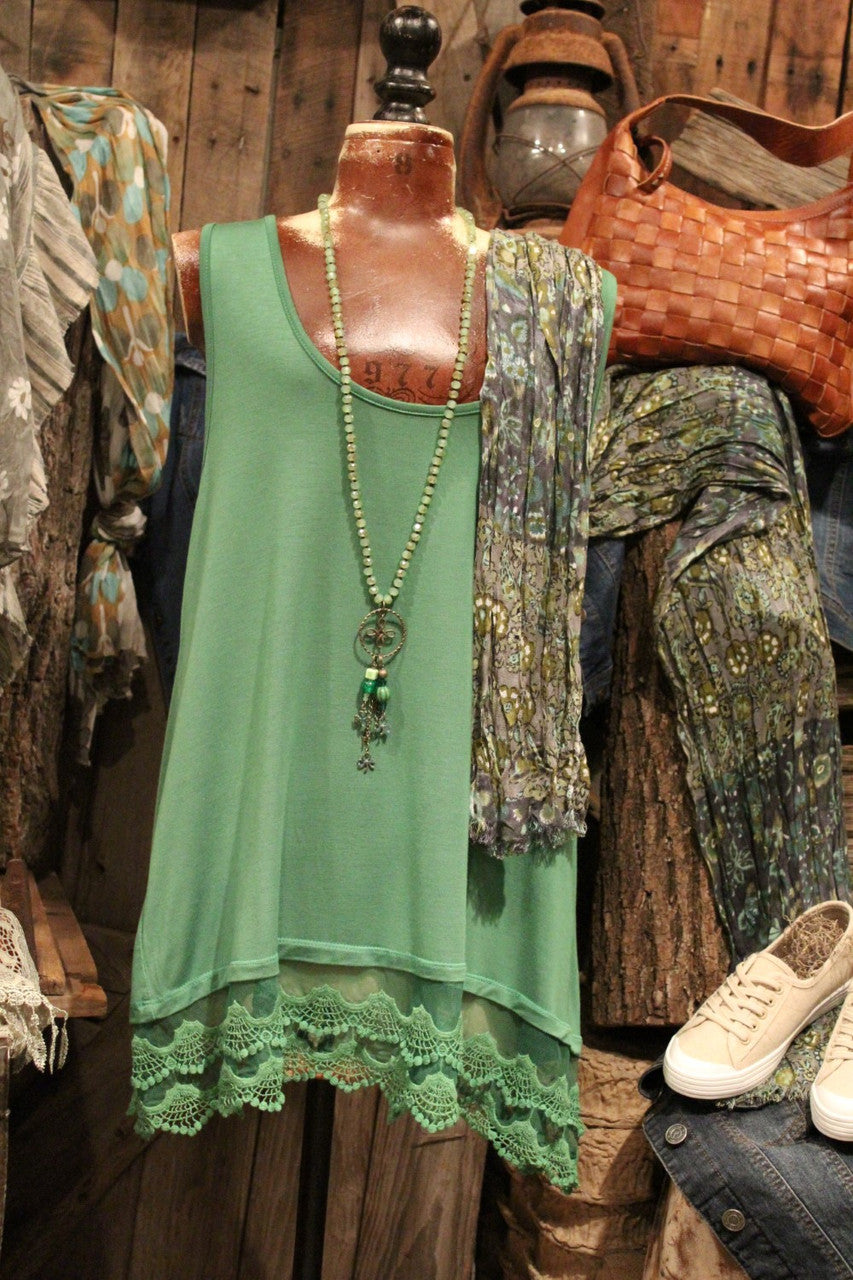 green knit plus size sleeveless lace top or dress tank extender