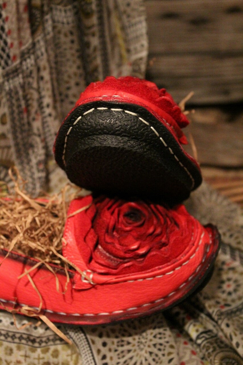 crimson red leather loafer with flower rosette on toe