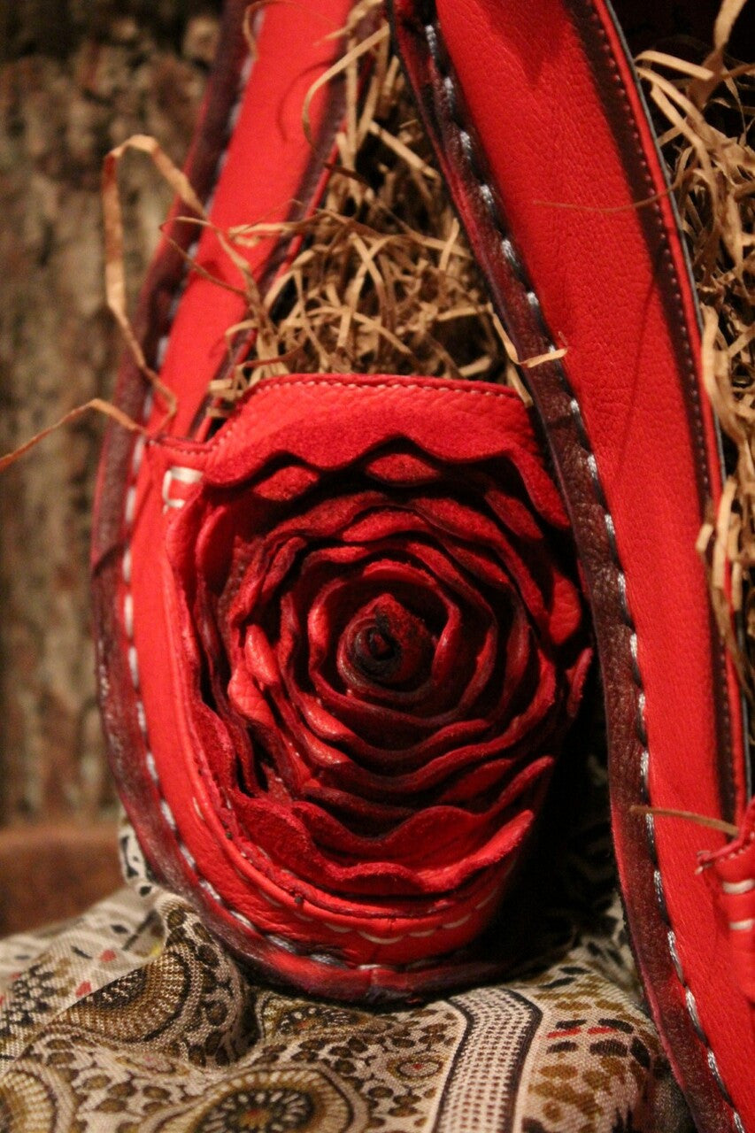 crimson red leather loafer with flower rosette on toe