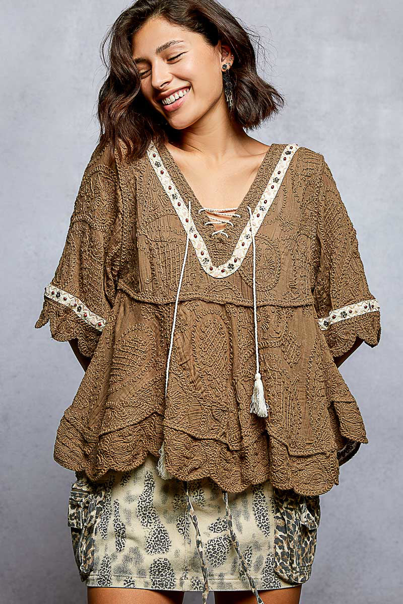 Cocoa Scallop Trim Top