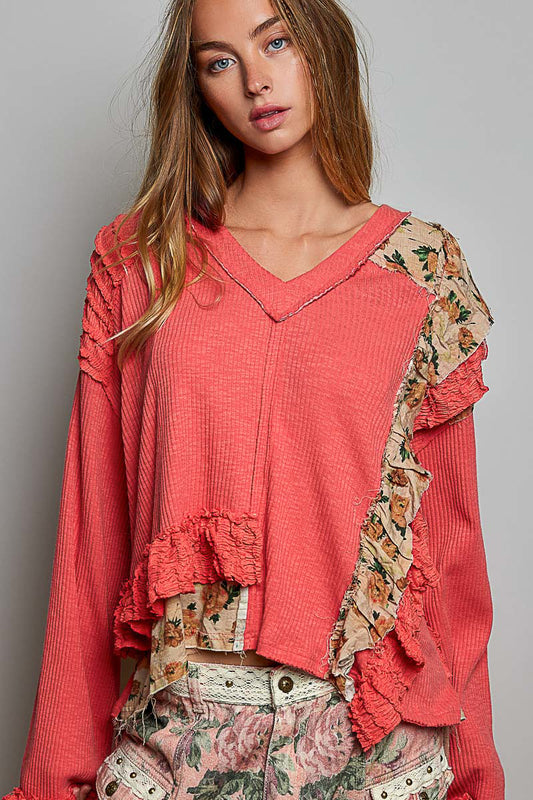 Coral Bloom Ruffled Blouse
