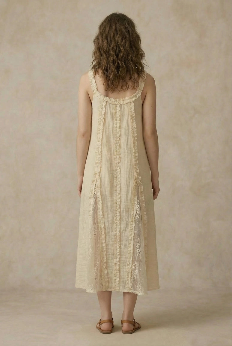 Cream Cascade Ruffles & Lace Tank Dress