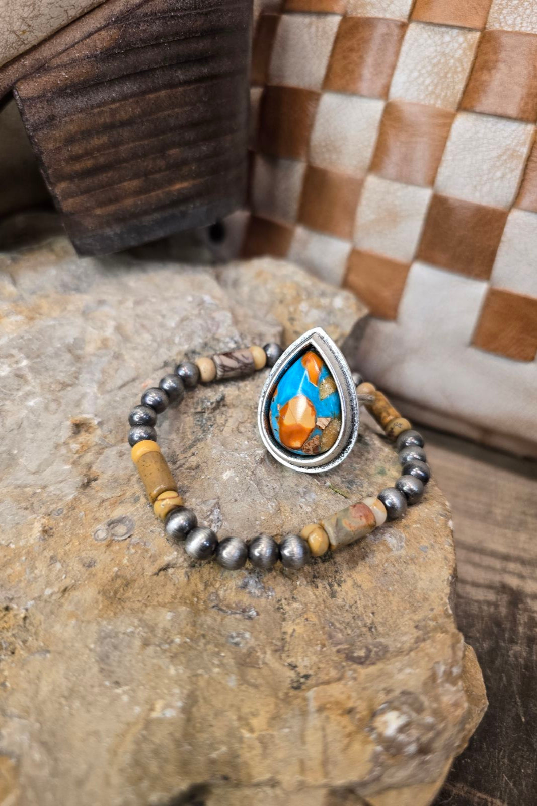 Multi Color Turquoise Teardrop Adjustable Ring